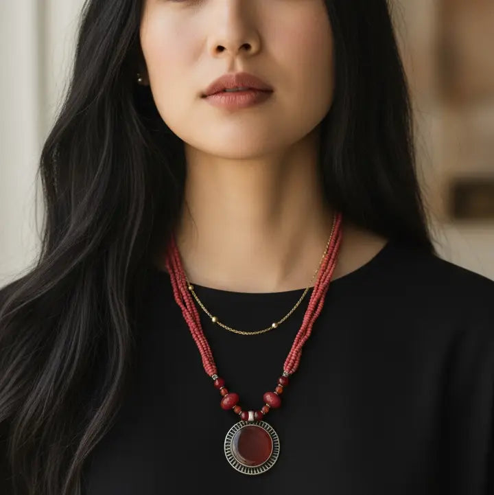 Maroon Aqeeq Necklace- Beaded Necklace- Afghan Jewelry