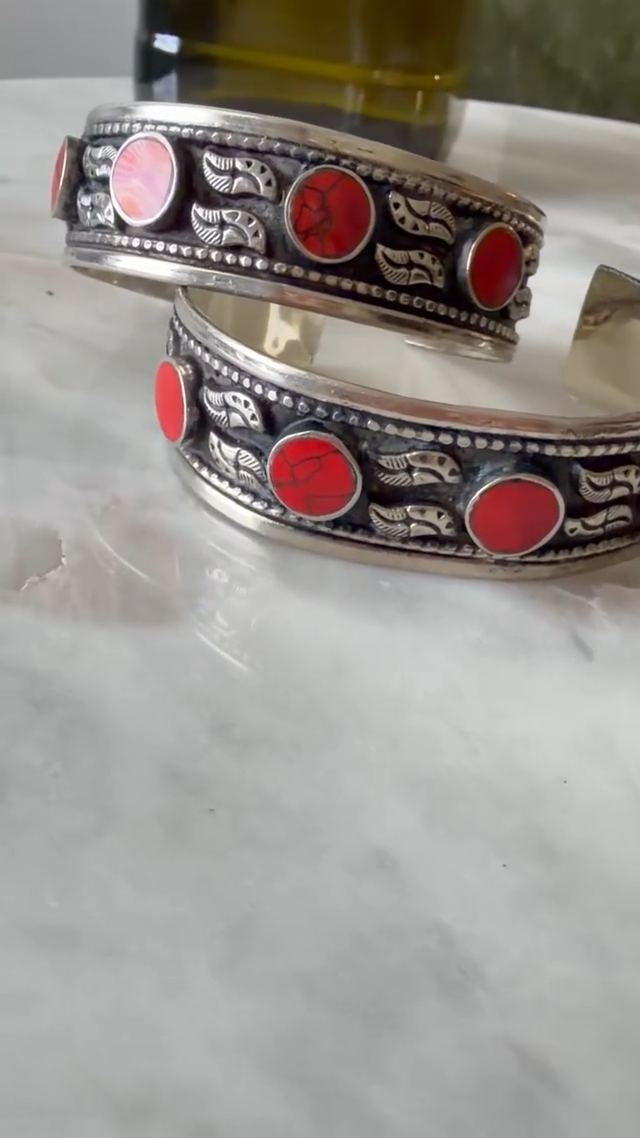 Red Carnelian Afghan Coral Handmade Kuchi Silver Cuff