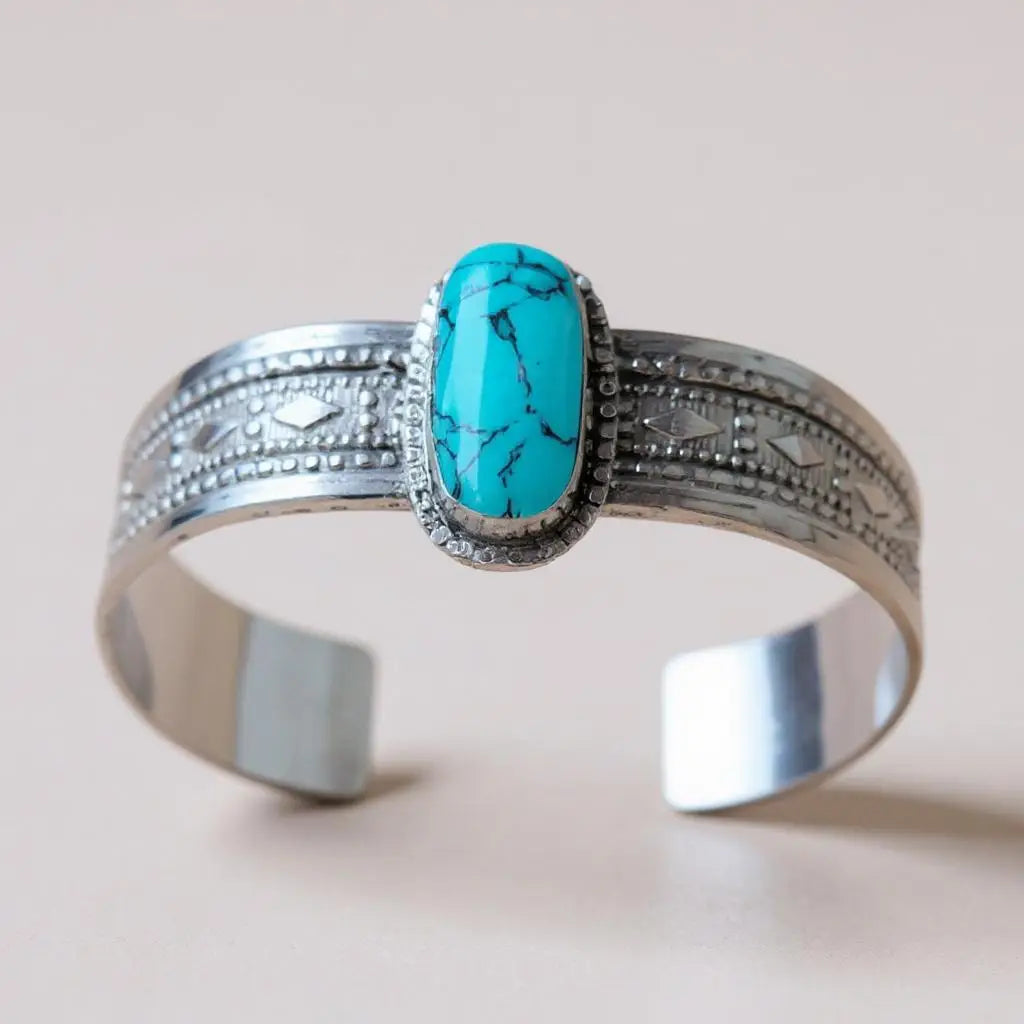 Handmade Turquoise Nepali Tibetan Silver Cuff Bangle