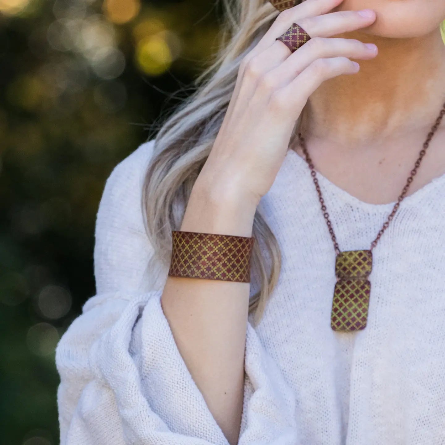 Copper Patina Bracelet - Chartreuse Tile Pattern