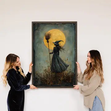 Witch Full Moon - Halloween Witch Canvas Art - Wood Framed