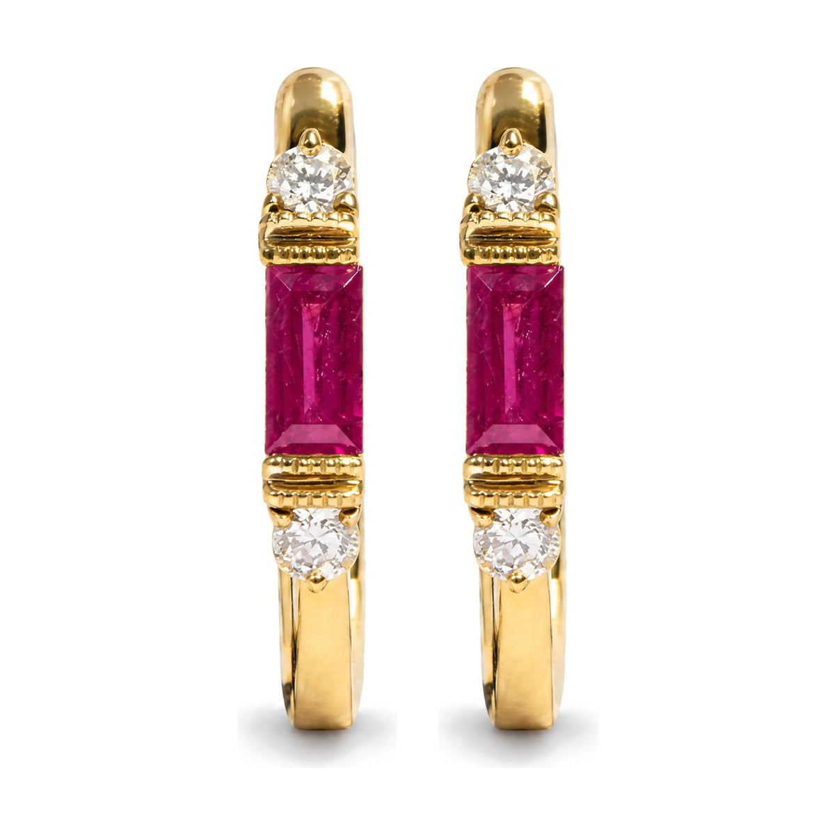 10K Yellow Gold 1/10 Cttw Diamond and Baguette Ruby Huggie Hoop Earrings