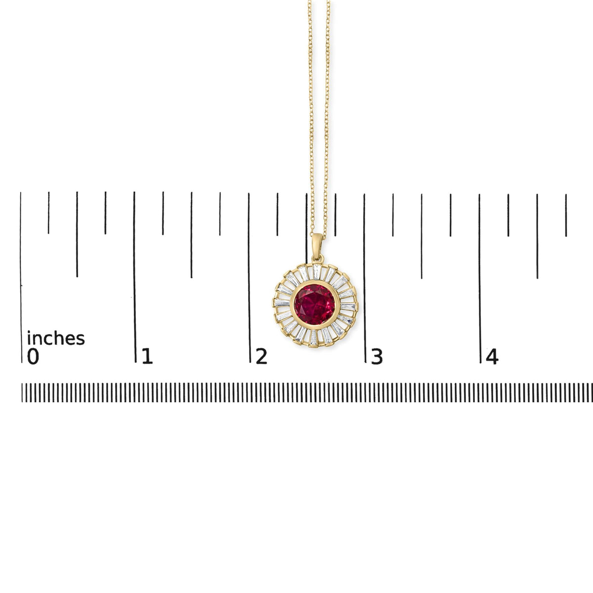 14K Yellow Gold Plated Silver Created Red Ruby and Baguette Diamond Sunburst Medallion Pendant Necklace