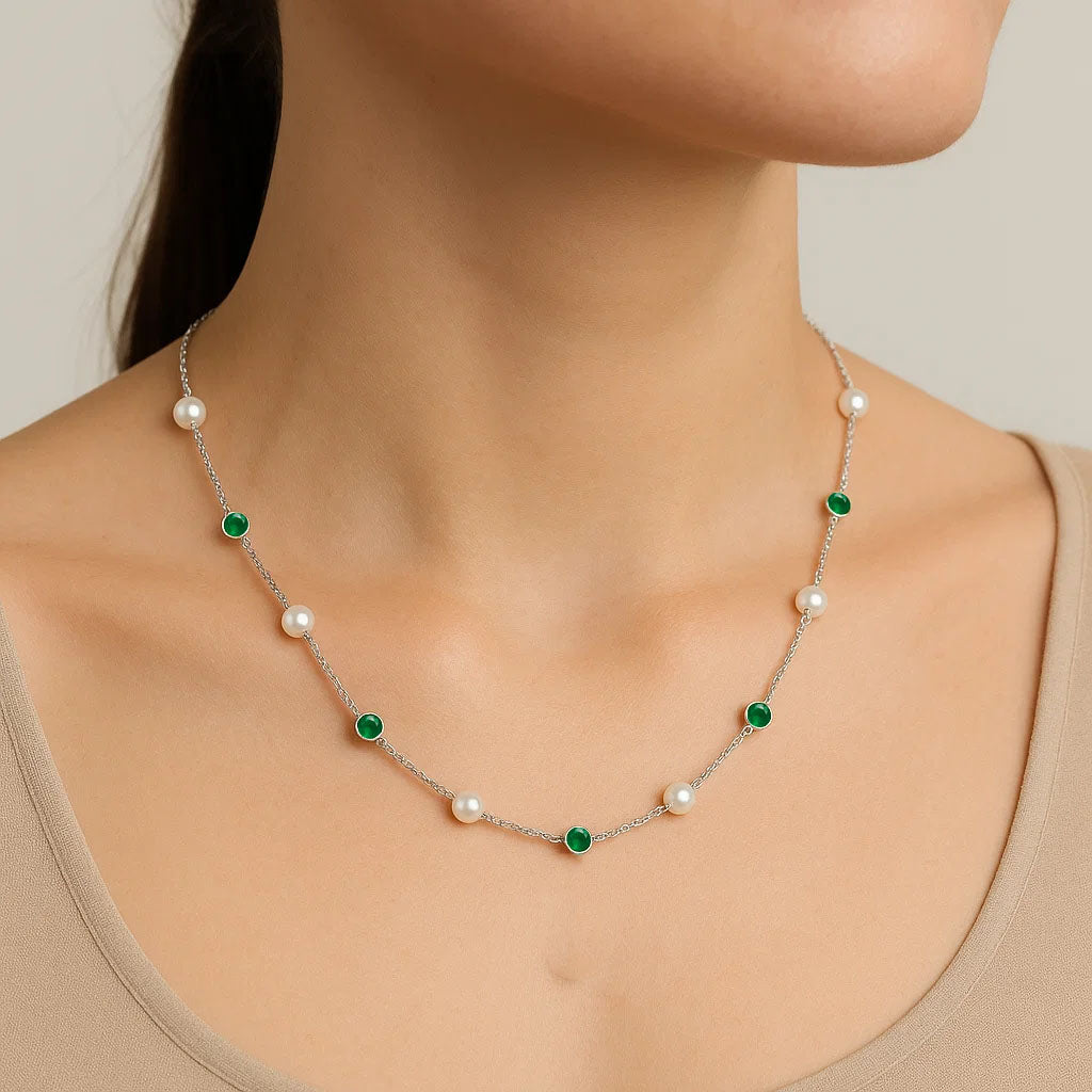 Handcrafted Silver Dainty Pearl Gemstone Chain Necklace for Women AGN1001 N-1029