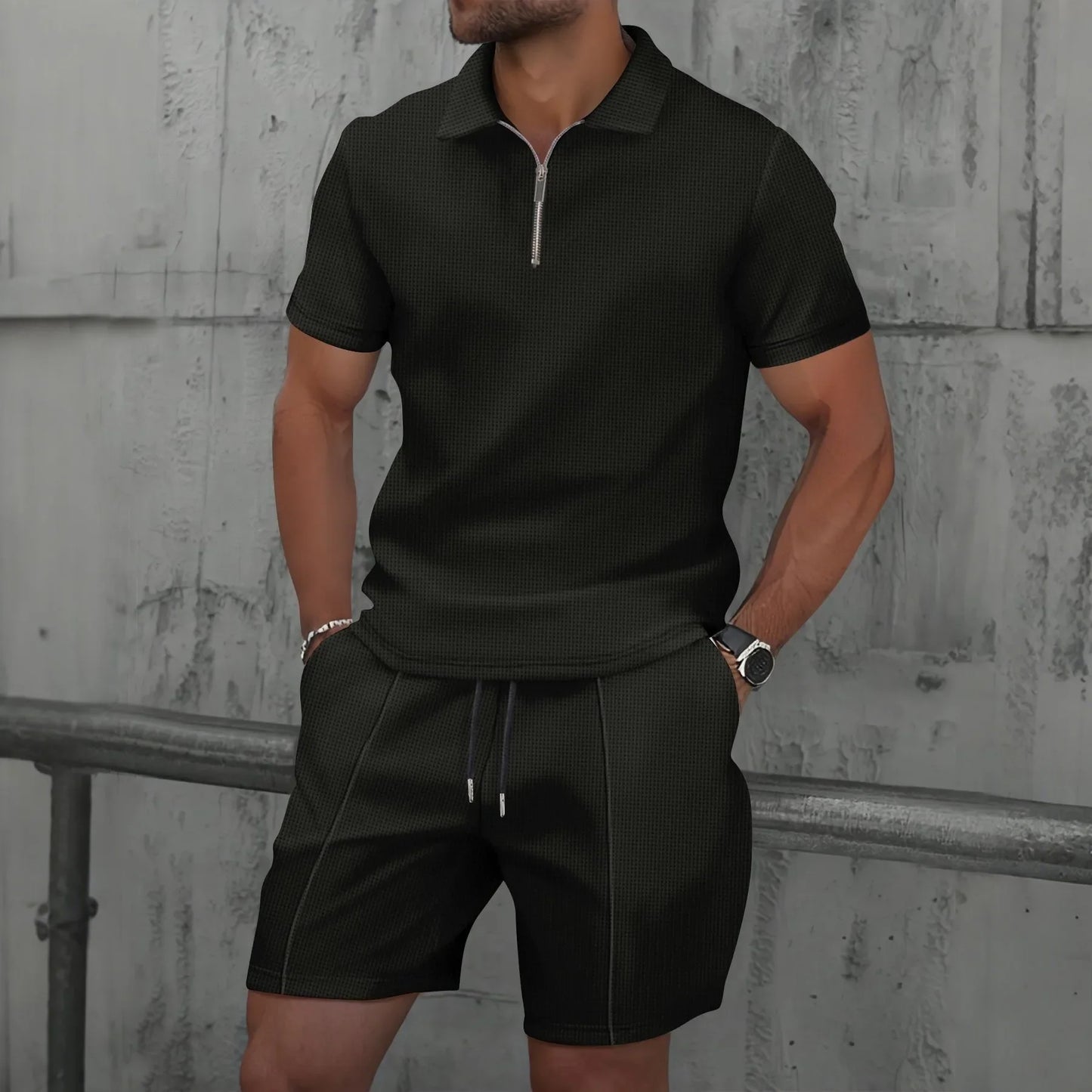 Waffle solid color zip-up lapel short-sleeve suit