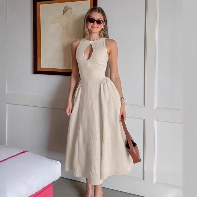 Kaki Color Cotton Linen Summer Dress Hollow out Waist Cinching round Neck Women Design Sensation Midi Skirt Dress