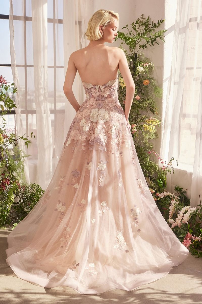 Mauve 3D Floral Embroidered Tulle Gown – Strapless Corset Prom & Garden Party Dress