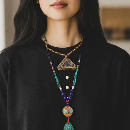 Turquoise & Amber Healing Crystal Pendant with Lapis Stone