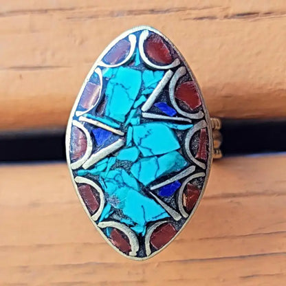 Turquoise & Carnelian Ring: Bluestone Nepali Jewelry
