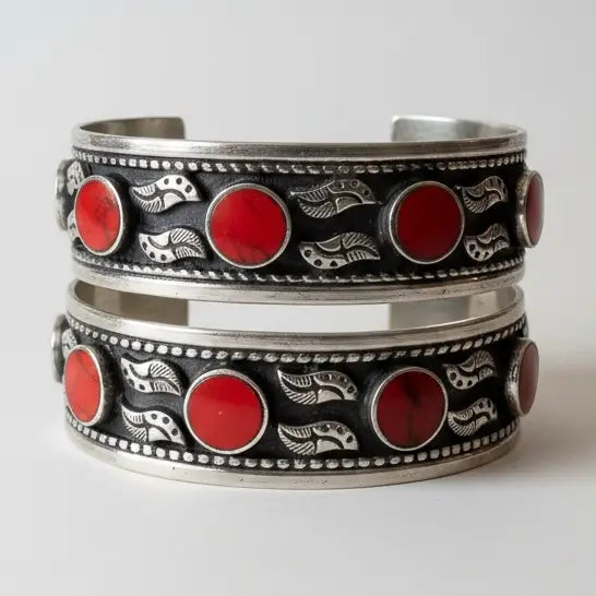 Red Carnelian Afghan Coral Handmade Kuchi Silver Cuff