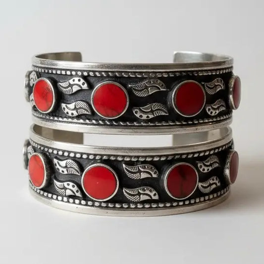 Red Carnelian Afghan Coral Handmade Kuchi Silver Cuff