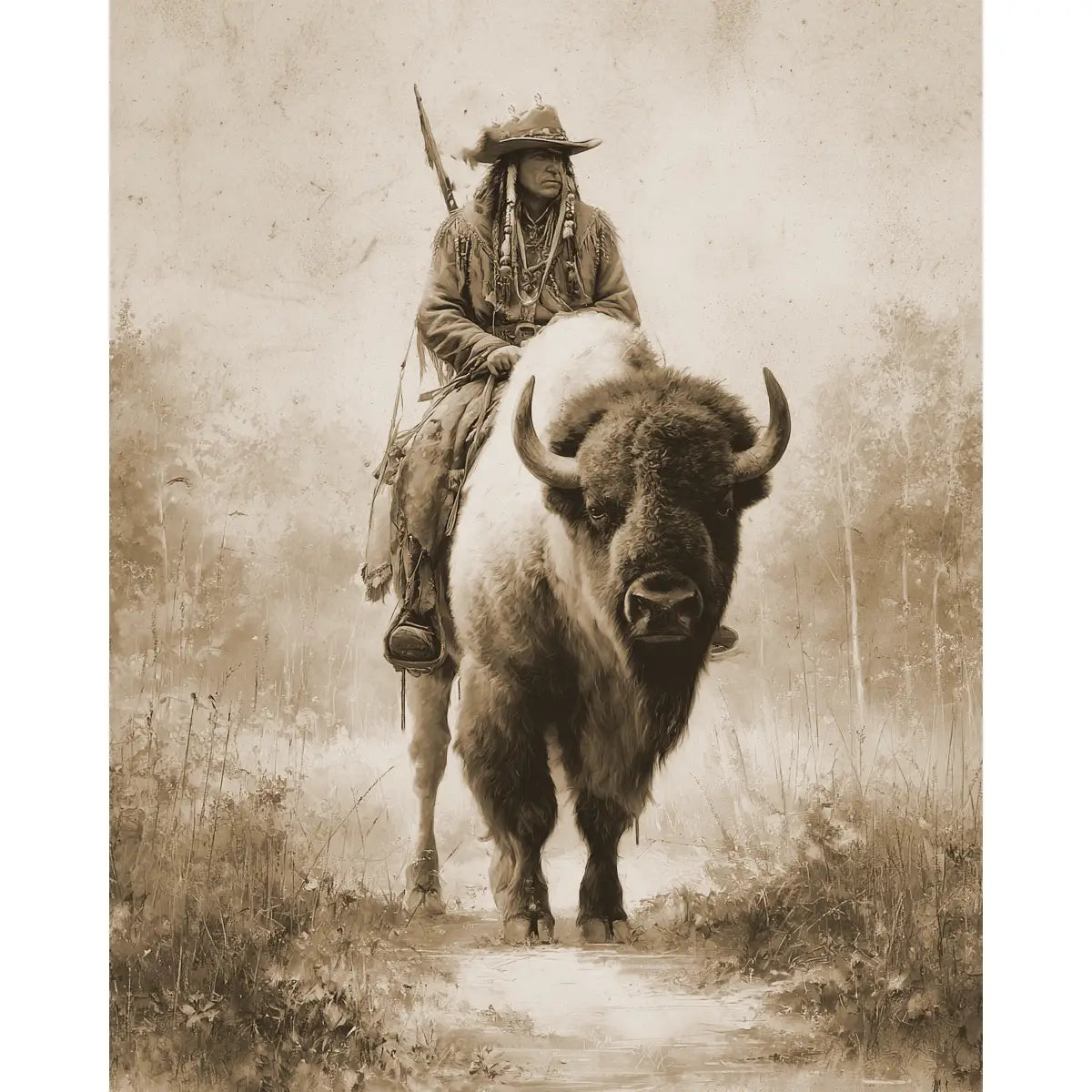 Lone Scout Riding A Buffalo American West Art Print - 8"x10" Artwork