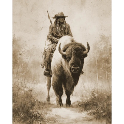 Lone Scout Riding A Buffalo American West Art Print - 8"x10" Artwork