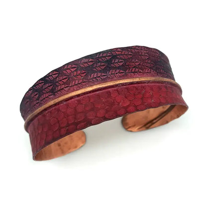 Copper Patina Bracelet - Red Feathers and Circles