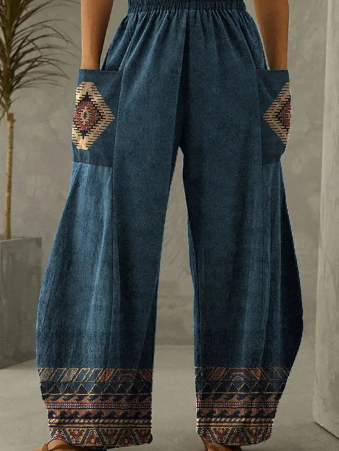 Plain Splicing Aztec Print Pockets Wide Leg Pants SQ016