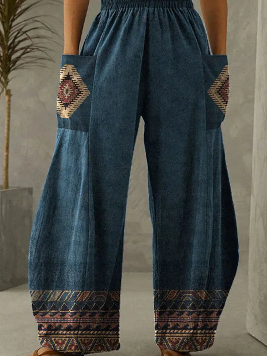 Plain Splicing Aztec Print Pockets Wide Leg Pants SQ016
