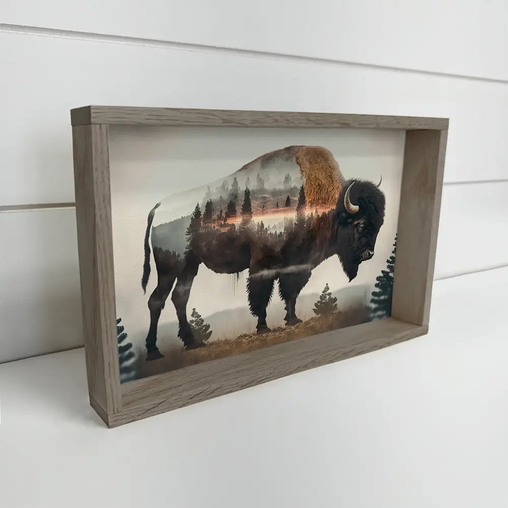 Bison Trees Double Exposure -Wood Framed Wildlife Canvas Art