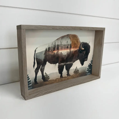 Bison Trees Double Exposure -Wood Framed Wildlife Canvas Art