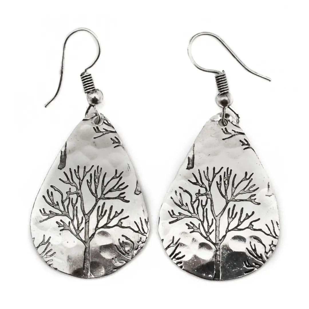 Winter Tree Silver Engraved Earrings