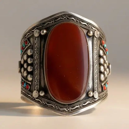 Vintage Maroon Aqeeq Cuff Bracelet, Afghan Kuchi Jewelry