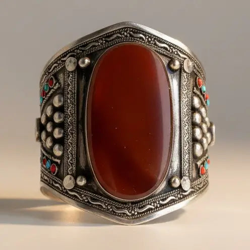 Vintage Maroon Aqeeq Cuff Bracelet, Afghan Kuchi Jewelry