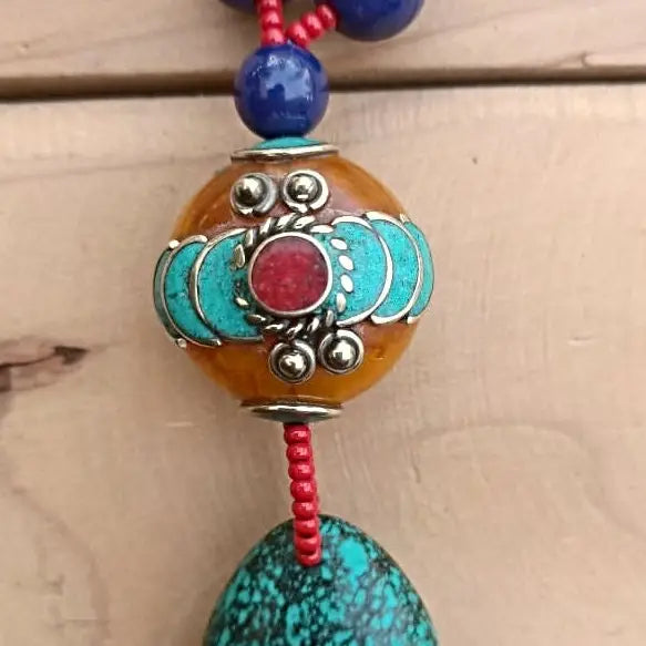 Turquoise & Amber Healing Crystal Pendant with Lapis Stone