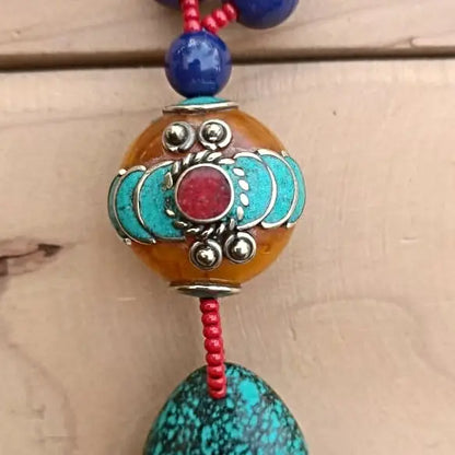 Turquoise & Amber Healing Crystal Pendant with Lapis Stone