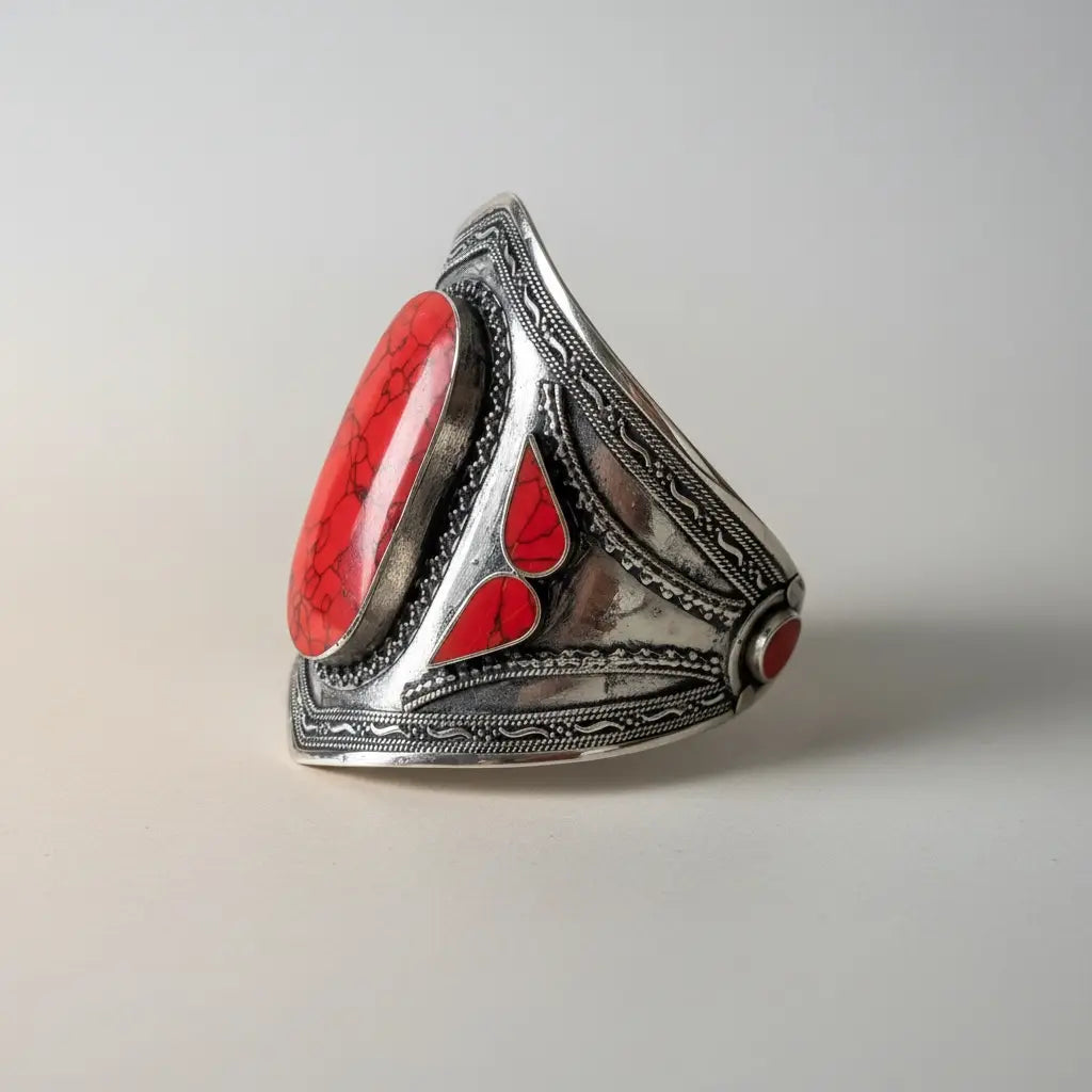 Afghan Coral Cuff Bracelet with Red Carnelian Stone