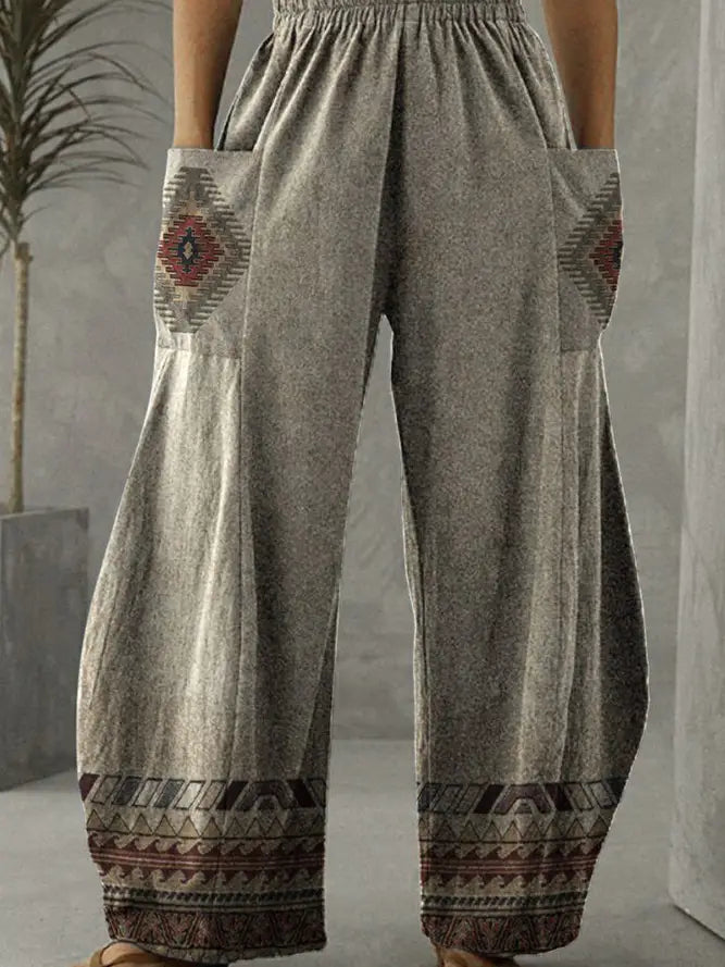 Plain Splicing Aztec Print Pockets Wide Leg Pants SQ016