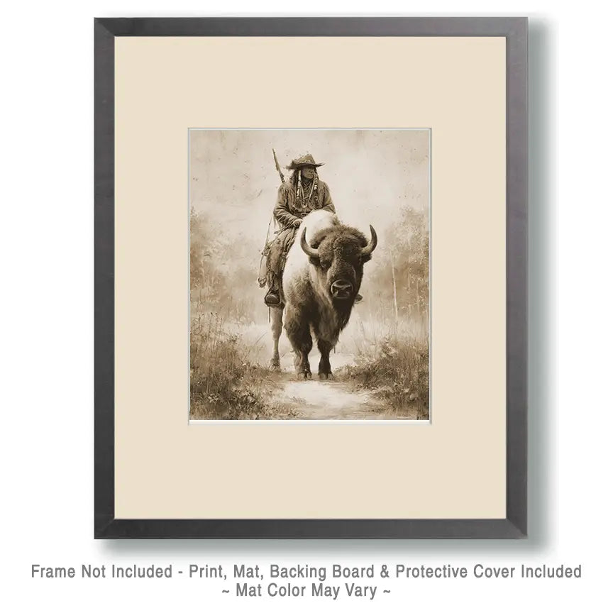 Lone Scout Riding A Buffalo American West Art Print - 8"x10" Artwork
