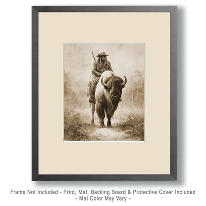 Lone Scout Riding A Buffalo American West Art Print - 8"x10" Artwork