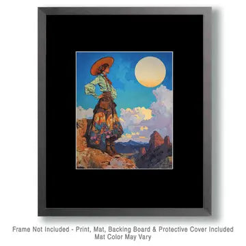 Southwest Full Moon Cowgirl - Wall Art Print - Coastal Cowgirl 8"x10" Artwork - 11"x14" Mat