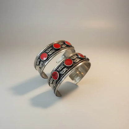 Red Carnelian Afghan Coral Handmade Kuchi Silver Cuff