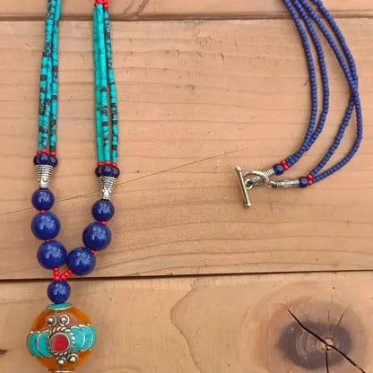 Turquoise & Amber Healing Crystal Pendant with Lapis Stone