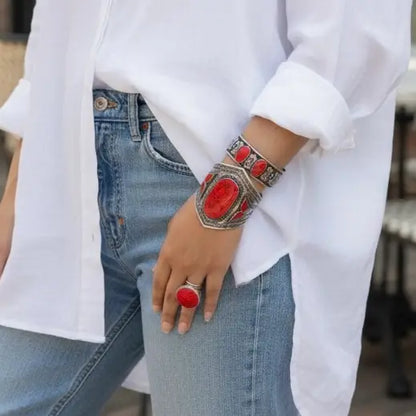 Afghan Coral Cuff Bracelet with Red Carnelian Stone