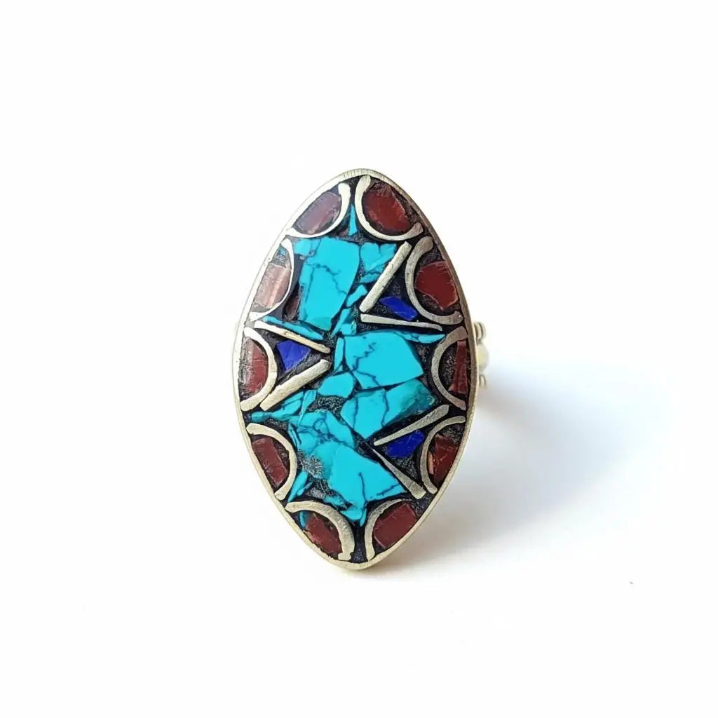 Turquoise & Carnelian Ring: Bluestone Nepali Jewelry