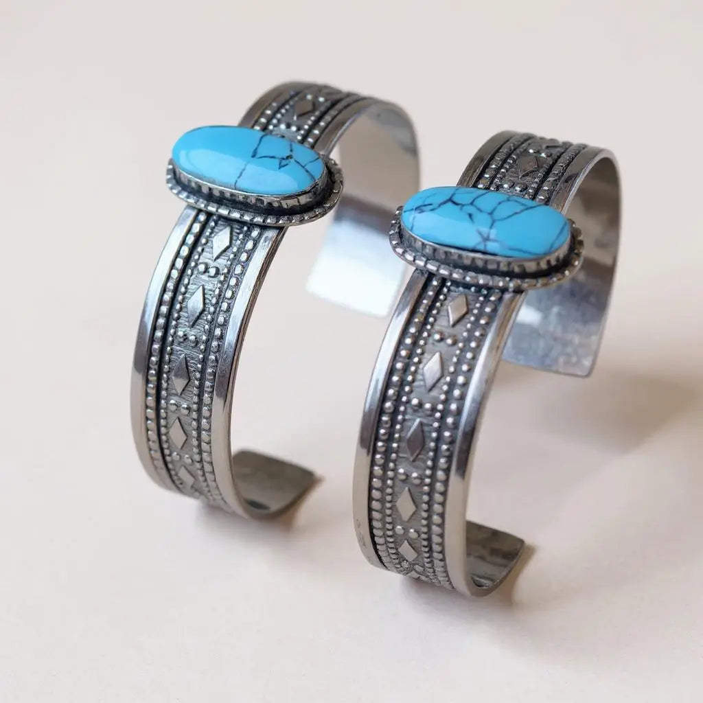 Handmade Turquoise Nepali Tibetan Silver Cuff Bangle