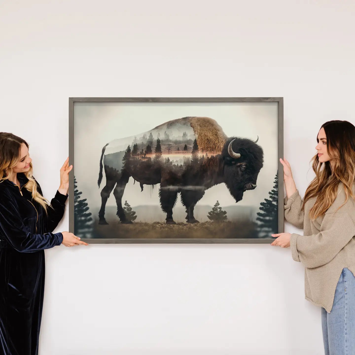 Bison Trees Double Exposure -Wood Framed Wildlife Canvas Art