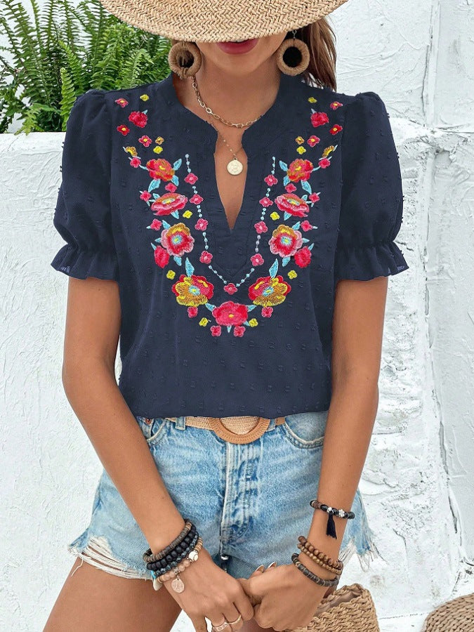 Boho Embroidered Floral Ruffle Top