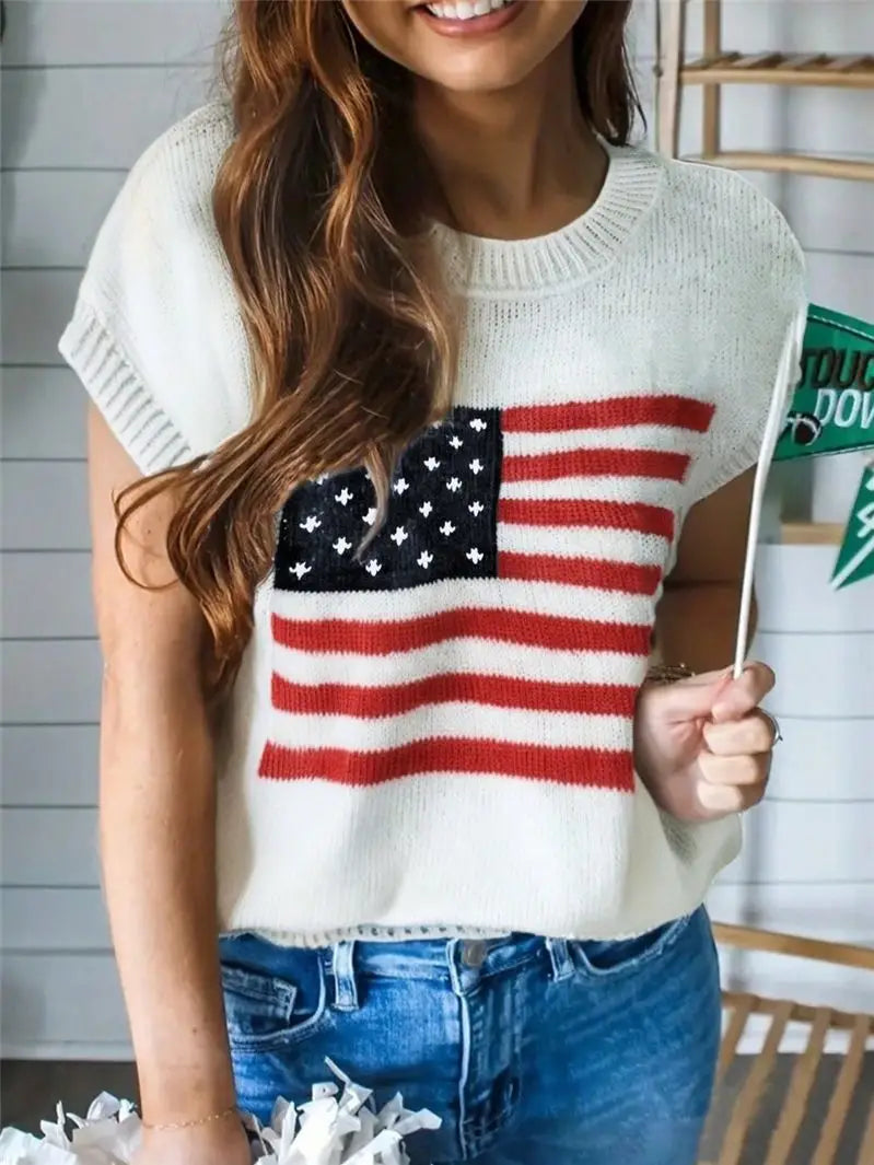 Knitted Cap Sleeve American Flag Top