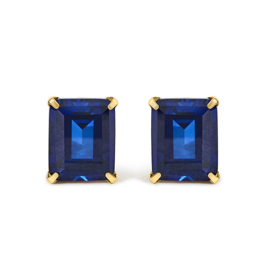 18K Yellow Gold 10x8 MM Lab Created Blue Sapphire Emerald Cut Solitaire Stud Earrings