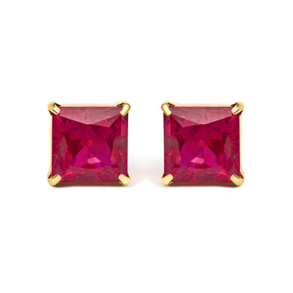 18K Yellow Gold 7x7 MM Created Red Ruby Princess Cut Solitaire Stud Earrings