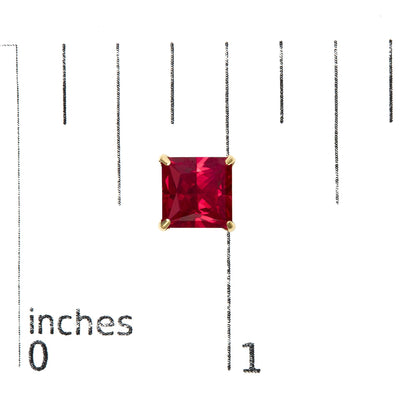 18K Yellow Gold 7x7 MM Created Red Ruby Princess Cut Solitaire Stud Earrings