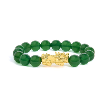18K Yellow Gold Green Agate Beaded Bracelet with Dragon Charm