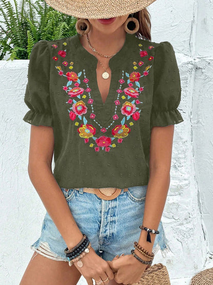 Boho Embroidered Floral Ruffle Top