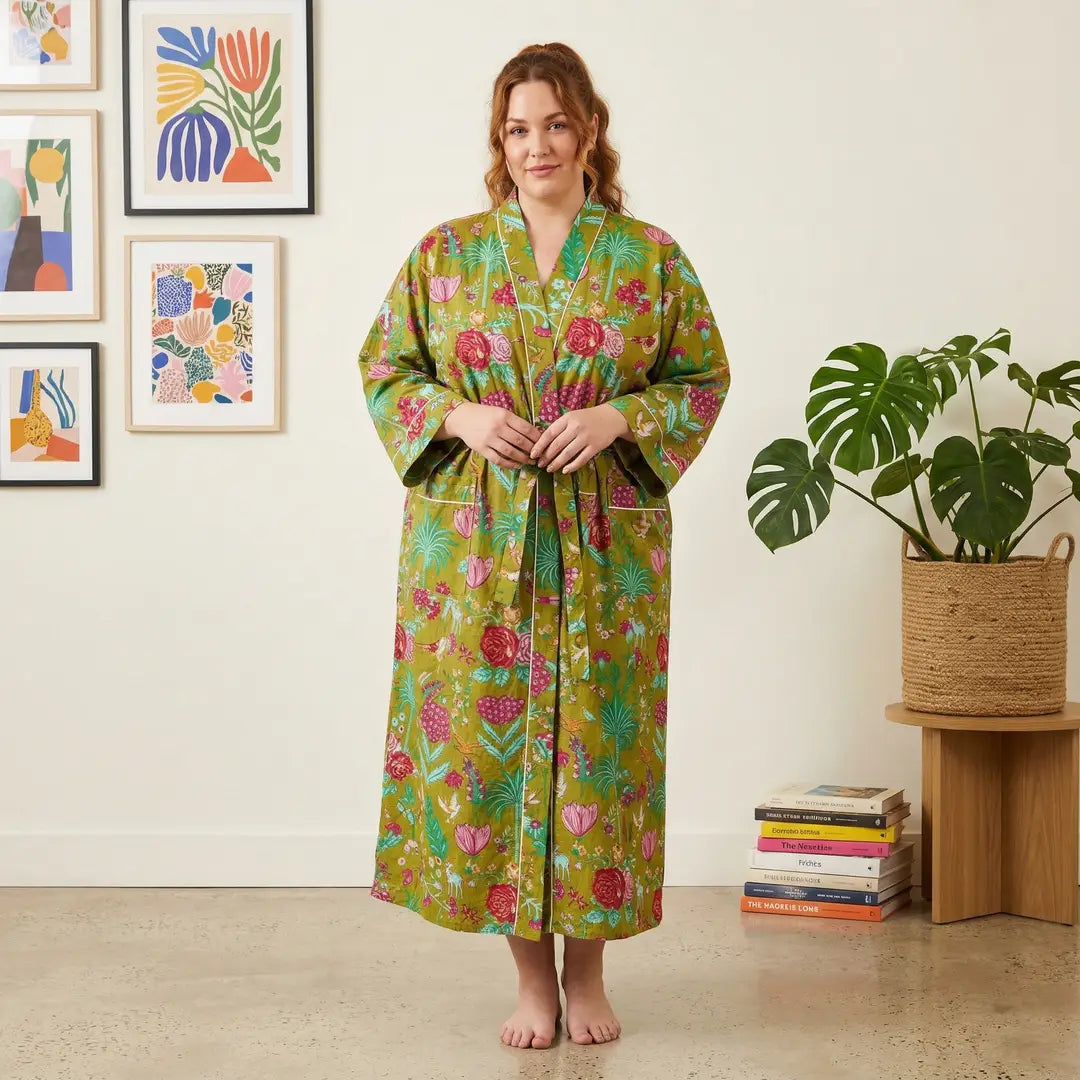 100% Cotton Green Block Printed Robe 