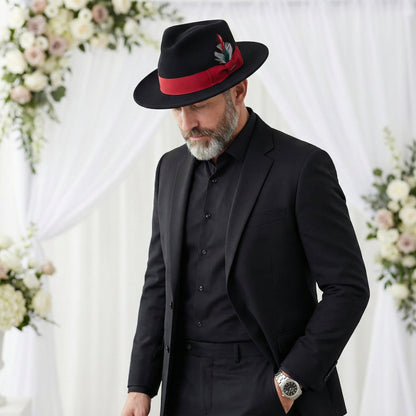 Crushable Black/Red 100% Australian Wool Fedora Hat