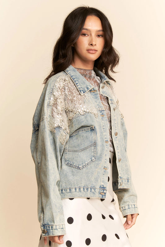 Mesh Stitching Button Down Denim Jacket