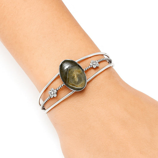 Premium Flower Fossil Coral Cuff Bangle Bracelet B-1012 52-EB10553