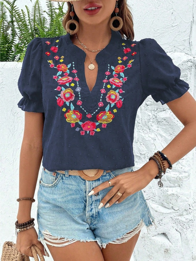 Boho Embroidered Floral Ruffle Top